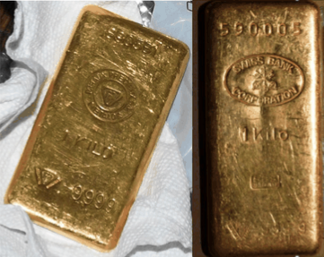 During the same court-authorized search of the home, agents also found home furnishings
provided by HANA and DAIBES, the luxury vehicle paid for by URIBE parked in the garage, as
well as over one hundred thousand dollars’ worth of gold bars in the home, which were provided
by either HANA or DAIBES. Two of the gold bars DAIBES provided are depicted in the
photographs below. 